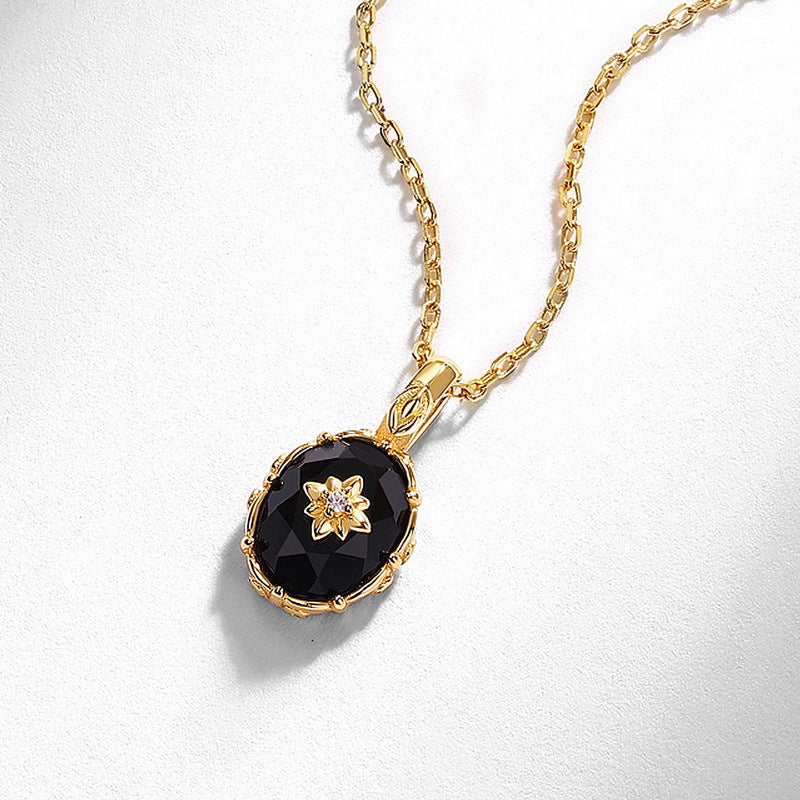 S925 Sterling Silver Gold-Plated Flowers Black Agate Pendant Necklace