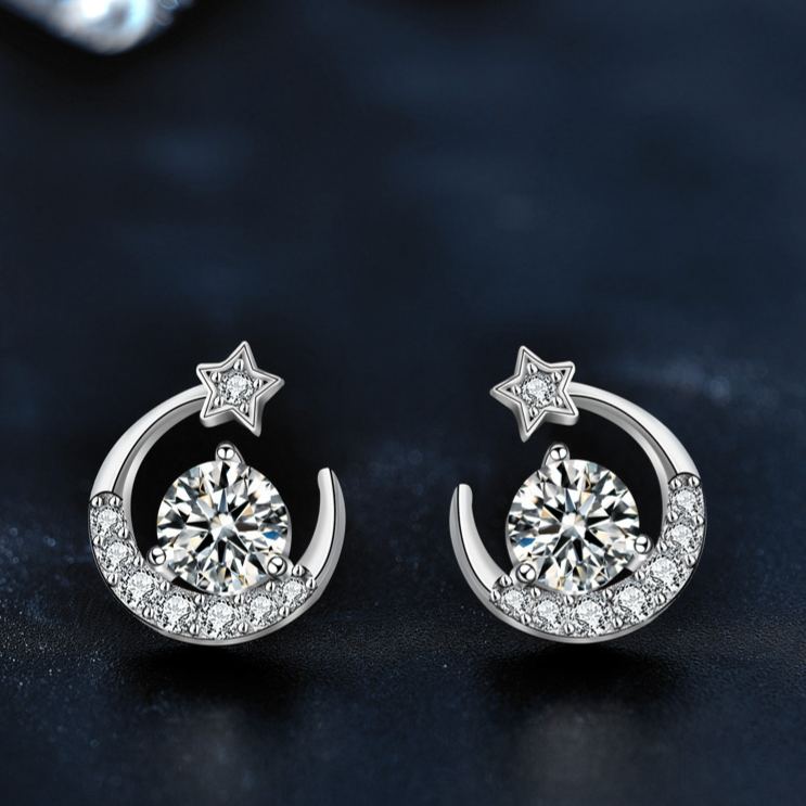 925 Sterling Silver Moissanite Star and Moon Stud Earrings — Exquisite Jewelry