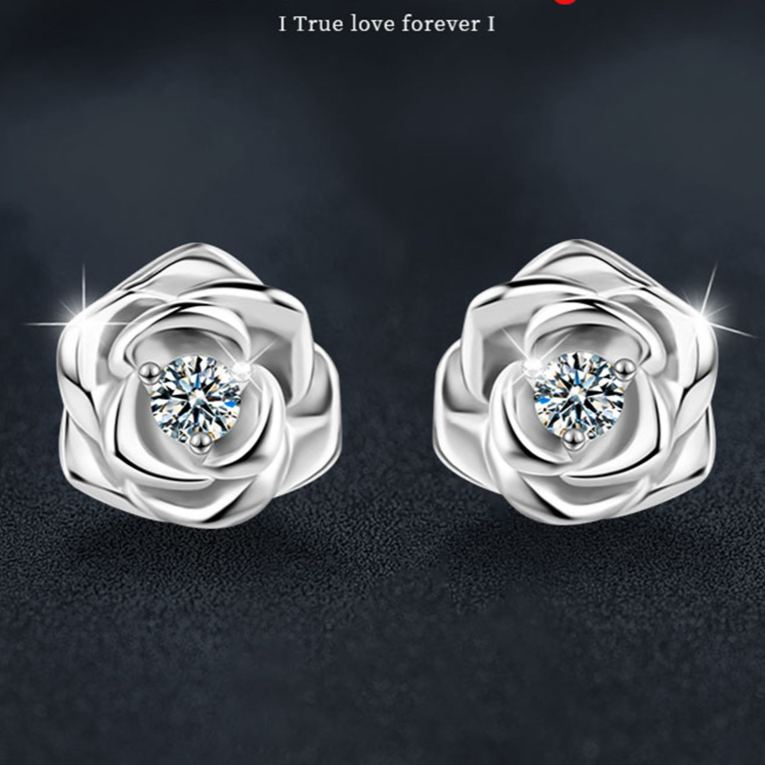 Moissanite rose earrings, S925 sterling silver, elegant and understated luxury.