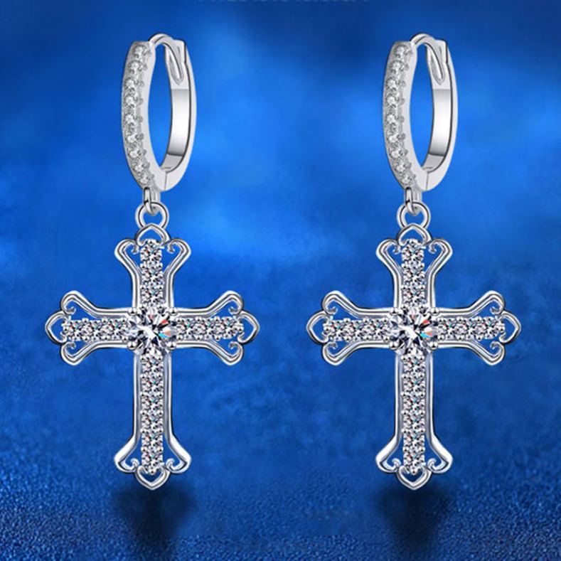 925 Sterling Silver Moissanite Cross Earrings