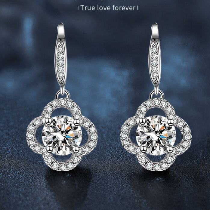 Moissanite earrings, 925 sterling silver four-leaf clover ear hooks