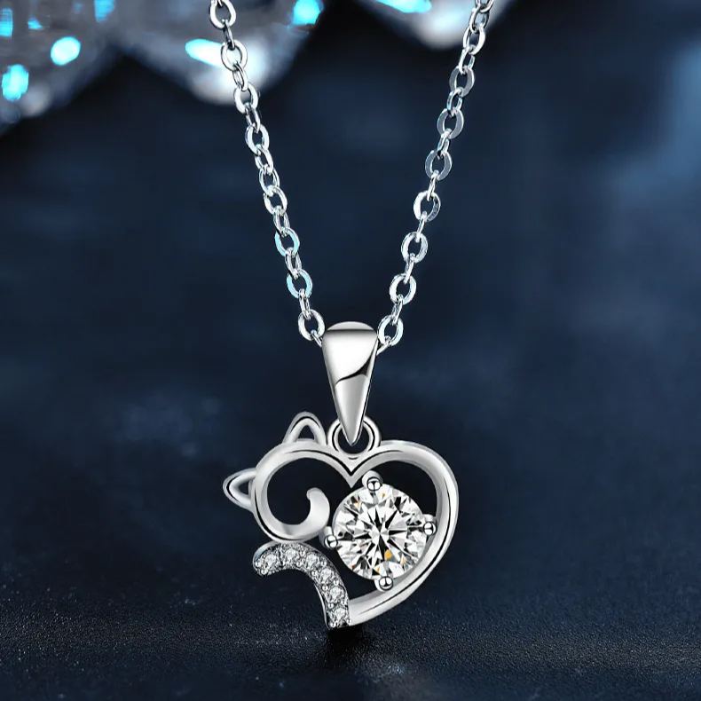 S925 Sterling Silver Moissanite Cute Cat Necklace