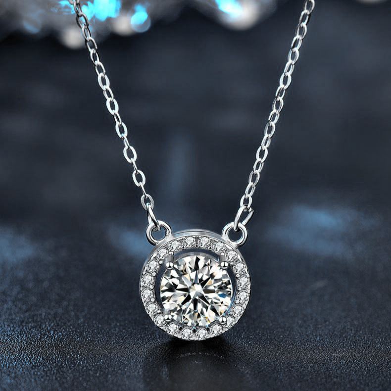 S925 Sterling Silver Moissanite Round Pendant Classic Style Necklace
