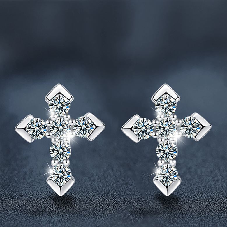 S925 Sterling Silver & Moissanite Cross Stud Earrings