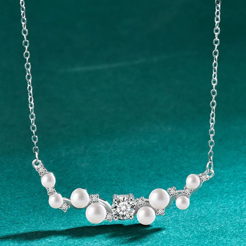 S925 Sterling Silver Natural Freshwater Pearl  Moissanite Pendant Necklace