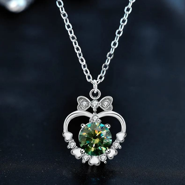 S925 Sterling Silver Moissanite Love Heart Bow Tie Necklace