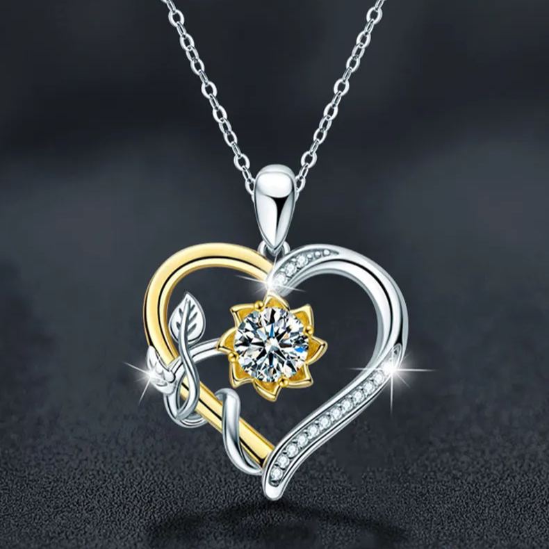 S925 Sterling Silver Moissanite Sunflower Heart-Shaped Gold Pendant Necklace
