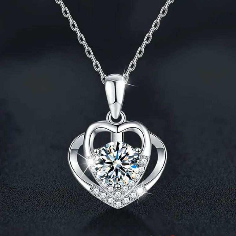 S925 Sterling Silver Moissanite Heart-to-Heart Pendant Necklace