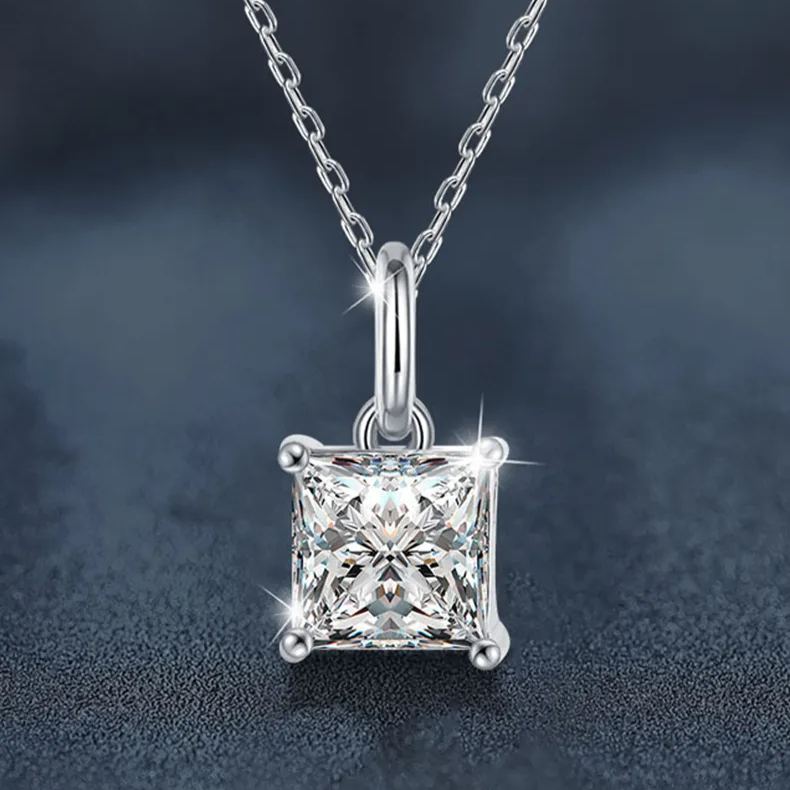 S925 Sterling Silver Moissanite Princess Square Simple Pendant Necklace
