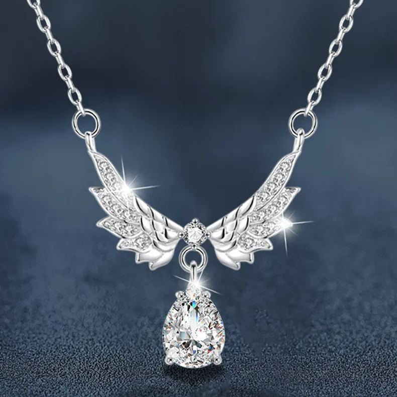 S925 Sterling Silver Angel Wings Moissanite Pendant Necklace
