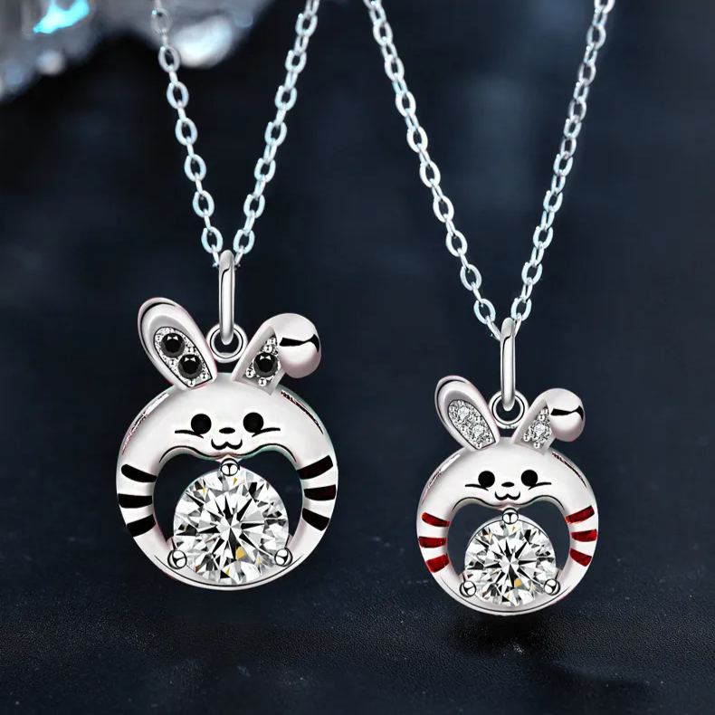 S925 Sterling Silver Moissanite Chinese Zodiac Sign of Rabbit Couple Pendant Necklace