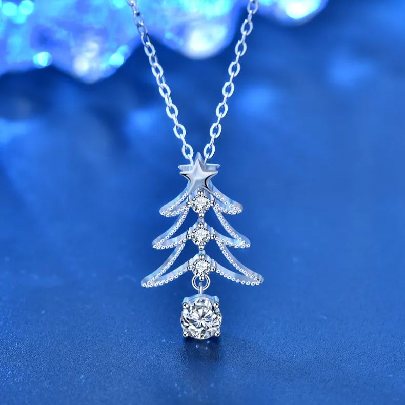 S925 Sterling Silver Moissanite Christmas Tree Pendant Necklace