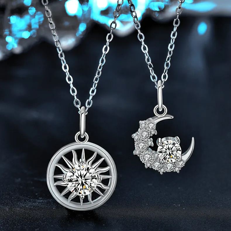 S925 Sterling Silver Moissanite Sun and Moon Lovers Pendant Necklace