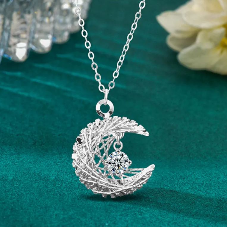 S925 Sterling Silver Moissanite Moon Pendant Necklace