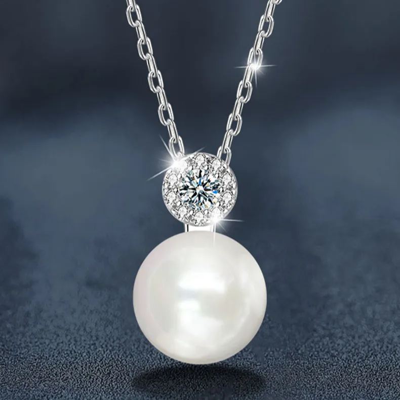 S925 Sterling Silver Moissanite Pearl Necklace