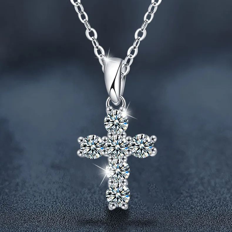 S925 Sterling Silver Moissanite Cross Pendant Necklace