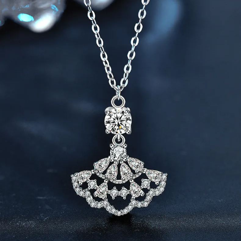 S925 Sterling Silver Moissanite Small Skirt Diamond Inlaid Fan Pendant Necklace