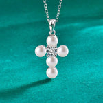 S925 Sterling Silver Moissanite Cross Pearl Pendant Necklace