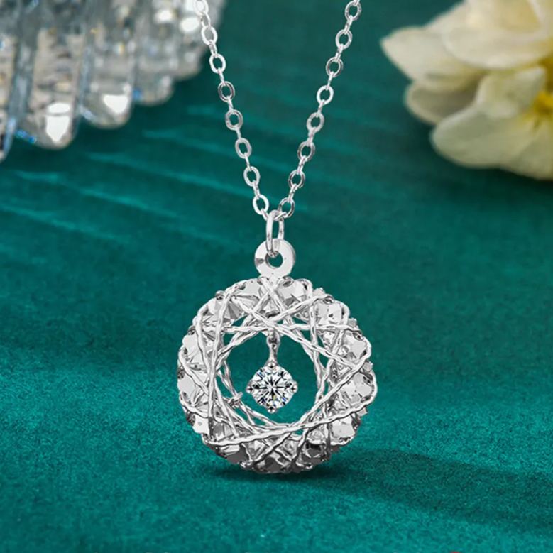 S925 Sterling Silver Woven Dream Net Garland Moissanite  Pendant Necklace