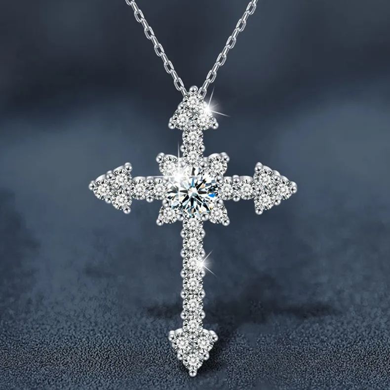 S925 Sterling Silver Moissanite Full Inlaid Cross Pendant Necklace