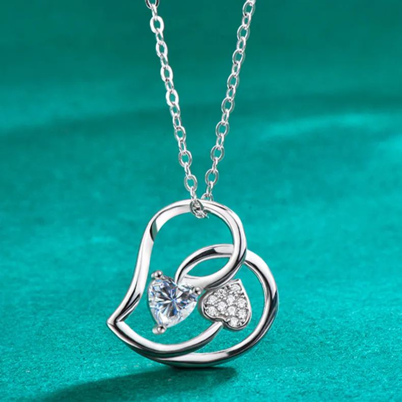 S925 Sterling Silver Double Love Moissanite Pendant Necklace