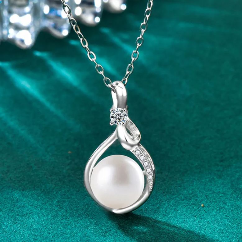 S925 Sterling Silver Moissanite Streamer Pearl Pendant Necklace