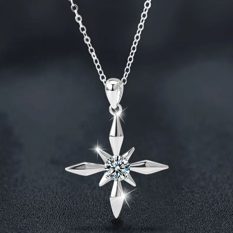 S925 Sterling Silver Moissanite Four Pointed Stars Pendant Necklace