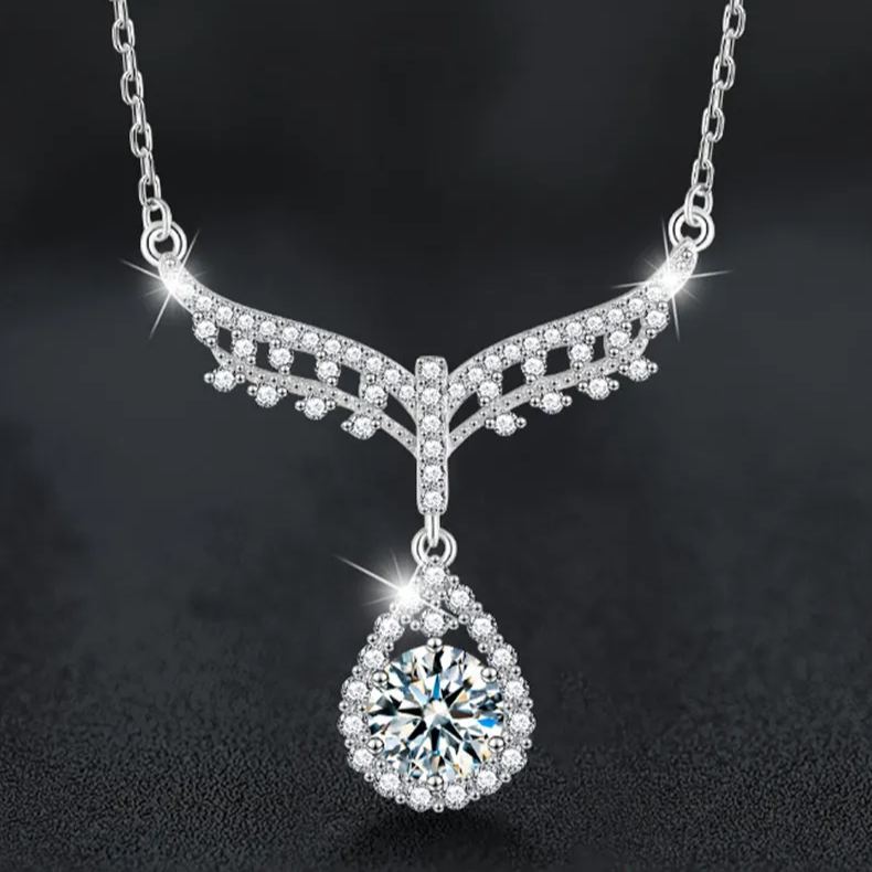 S925 Sterling Silver Moissanite Angel Water Drop Pendant Necklace
