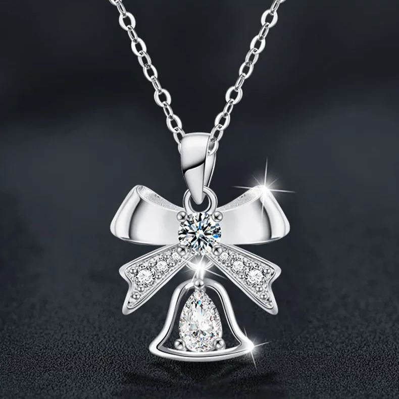 S925 Sterling Silver Moissanite Bow Bell Pendant Christmas Necklace
