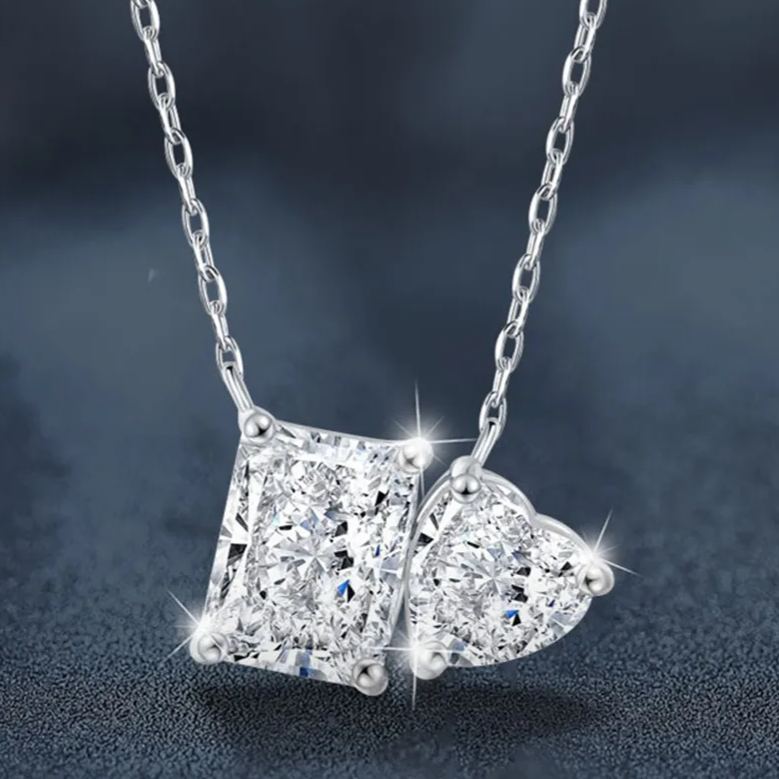 S925 Sterling Silver Rectangular Heart-Shaped Pendant Necklace