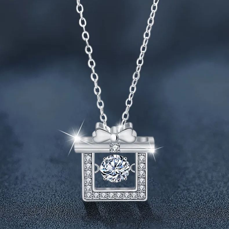 S925 Sterling Silver Moissanite Bow Gift Box Pendant Necklace