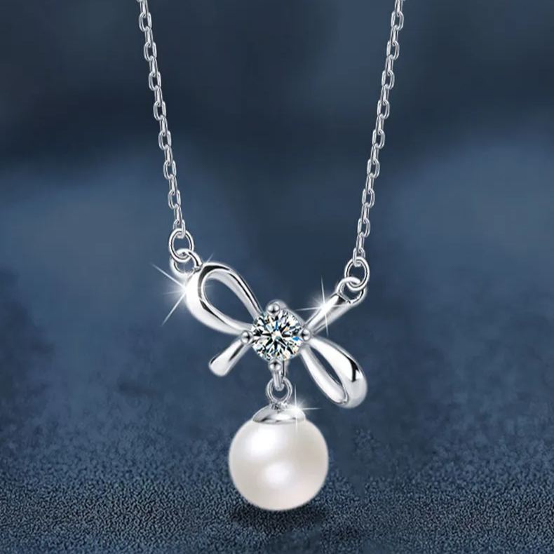 S925 Sterling Silver Moissanite Bowknot Pearl Necklace
