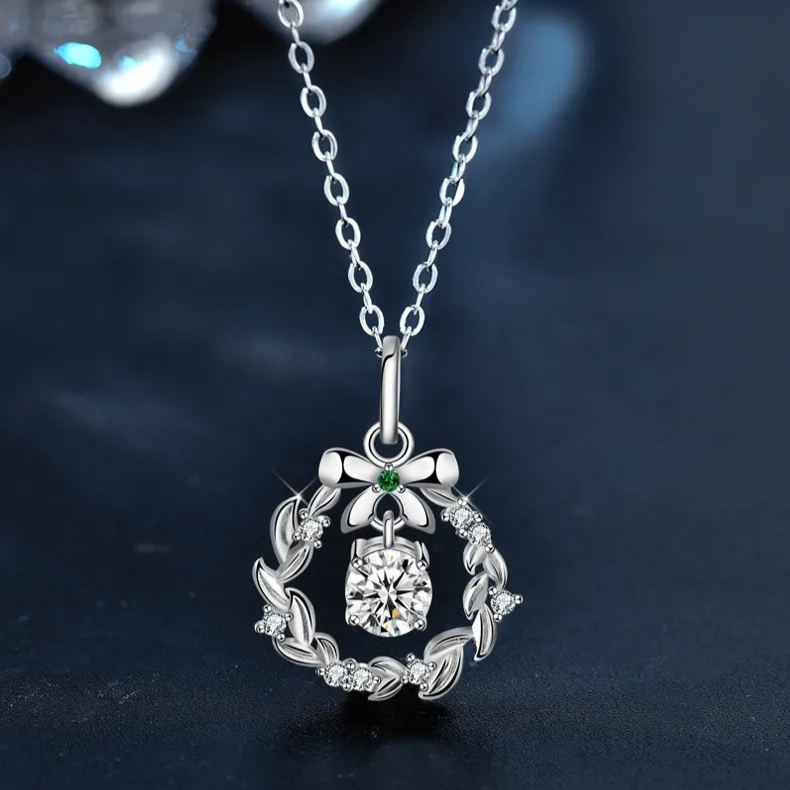 S925 Sterling Silver Moissanite Garland Christmas Bow Pendant Necklace
