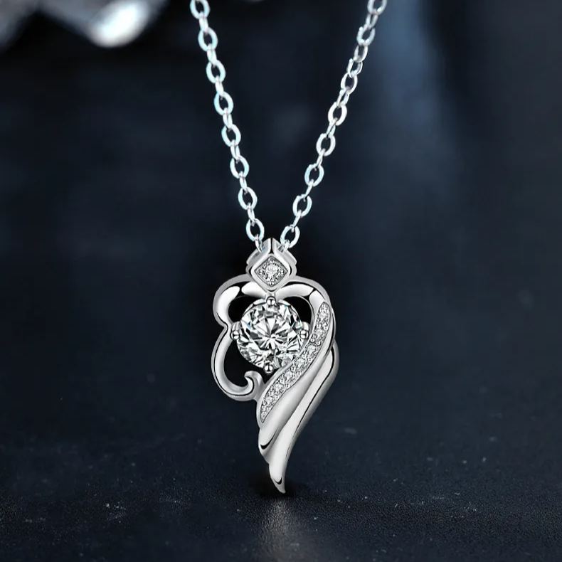 S925 Sterling Silver Moissanite Angel Wings Pendant Necklace