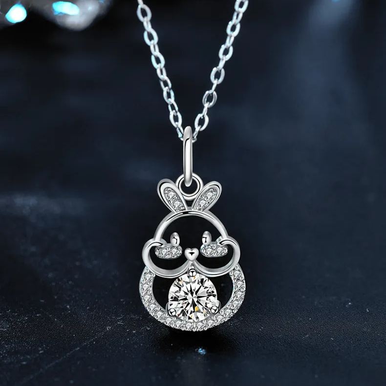 S925 Sterling Silver Moissanite Lucky Rabbit Pendant Necklace