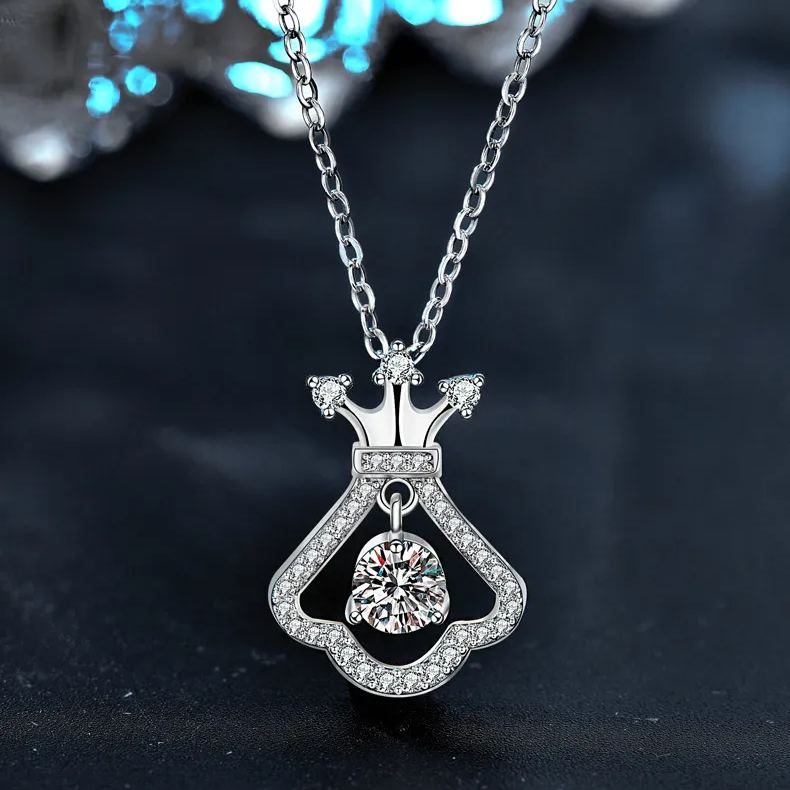 S925 Sterling Silver Moissanite Small Skirt Crown Clavicle Chain Pendant Necklace