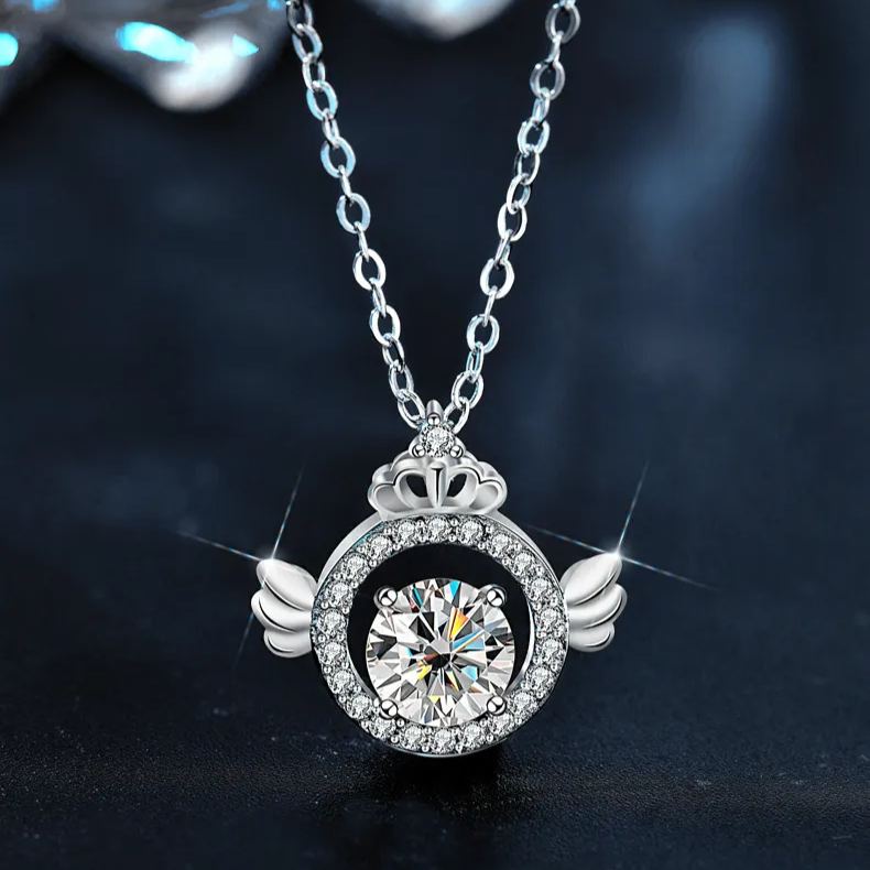 S925 Sterling Silver Moissanite Angel Wings Crown Pendant Necklace