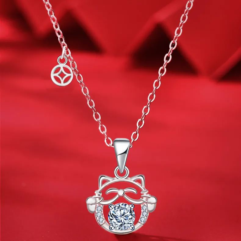 S925 Sterling Silver  Lucky Cat Moissanite Pendant Necklace