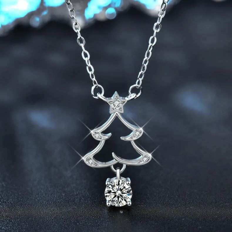 S925 Sterling Silver Moissanite Christmas Tree Pendant Necklace