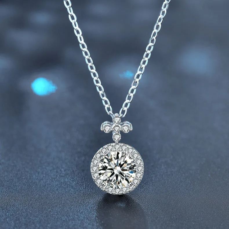 S925 Sterling Silver Round Moissanite Cross Pendant Necklace