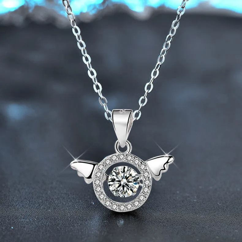 S925 Sterling Silver Moissanite Angel Wings Pendant Necklace