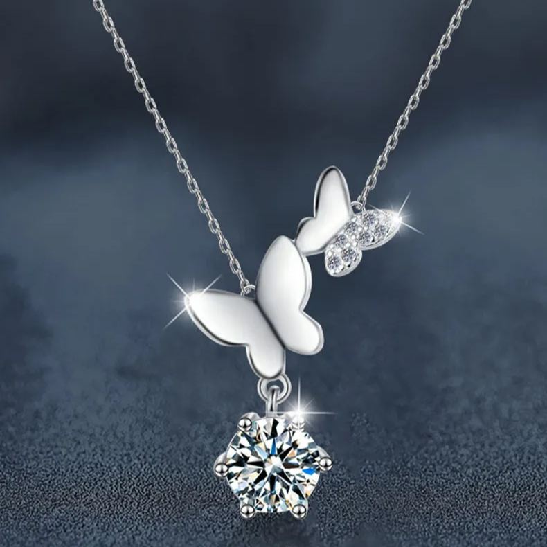 S925 Sterling Silver Moissanite Butterfly Pendant Necklace