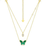 S925 Sterling Silver 10K Gold Green Malachite Butterfly Double Chain Necklace