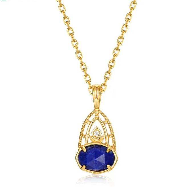 S925 Sterling Silver Gold-Plated Vintage Natural Lapis Lazuli Pendant Necklace