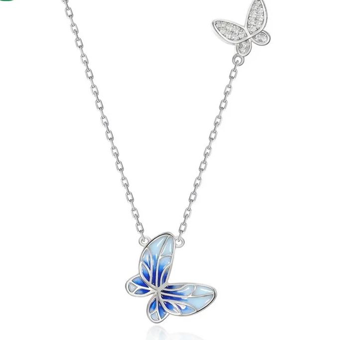 S925 Sterling Silver Blue Openwork Enamel Butterfly Pendant Zircon Necklace