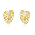 S925 Sterling Silver Gold-Plated Leaf and Pearl Earrings