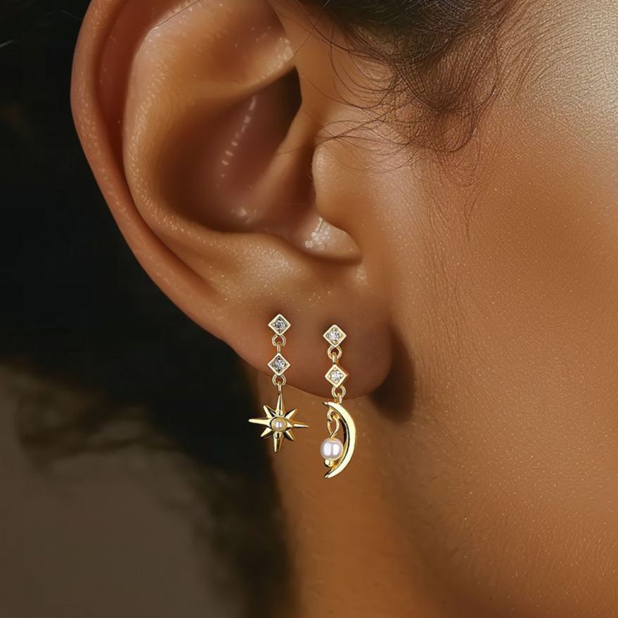 S925 Sterling Silver Star and Moon Stud Earrings with Zirconia(Single unit)