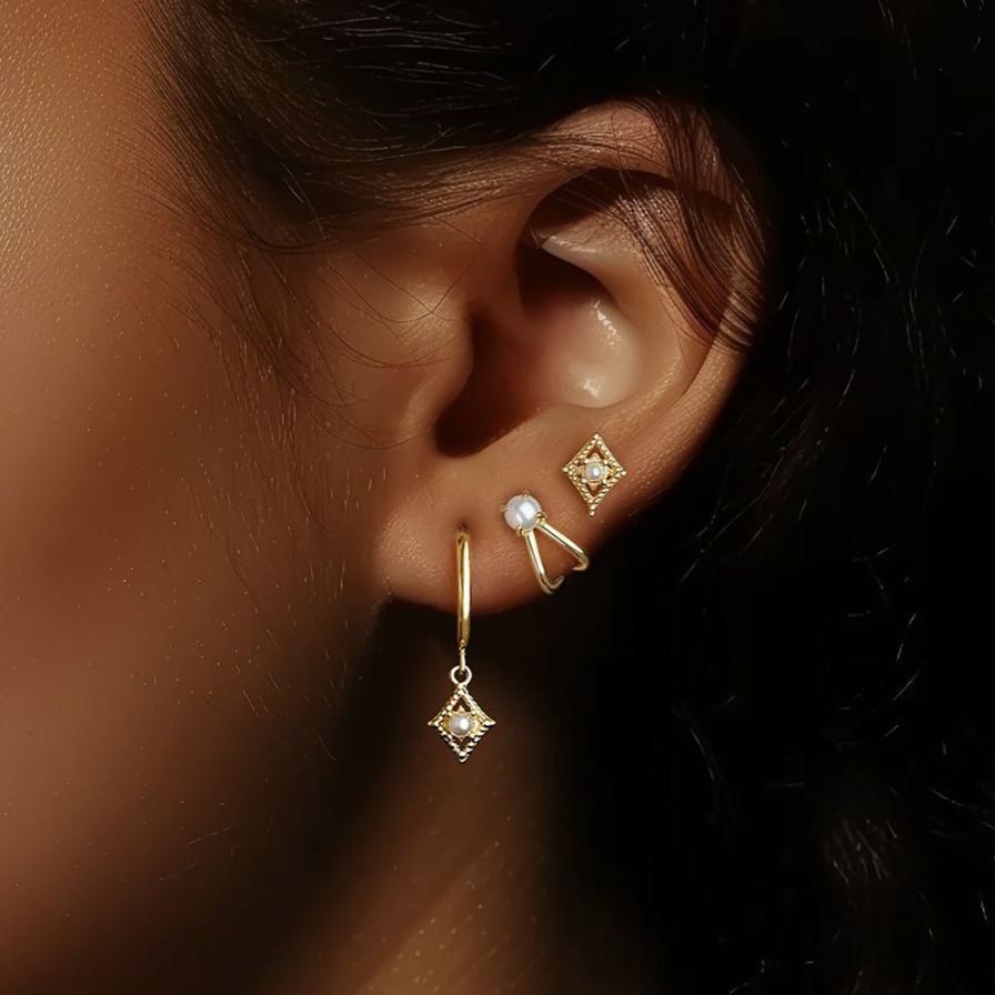 S925 Sterling Silver Geometric Square Pearl Stud Earrings(Single unit)