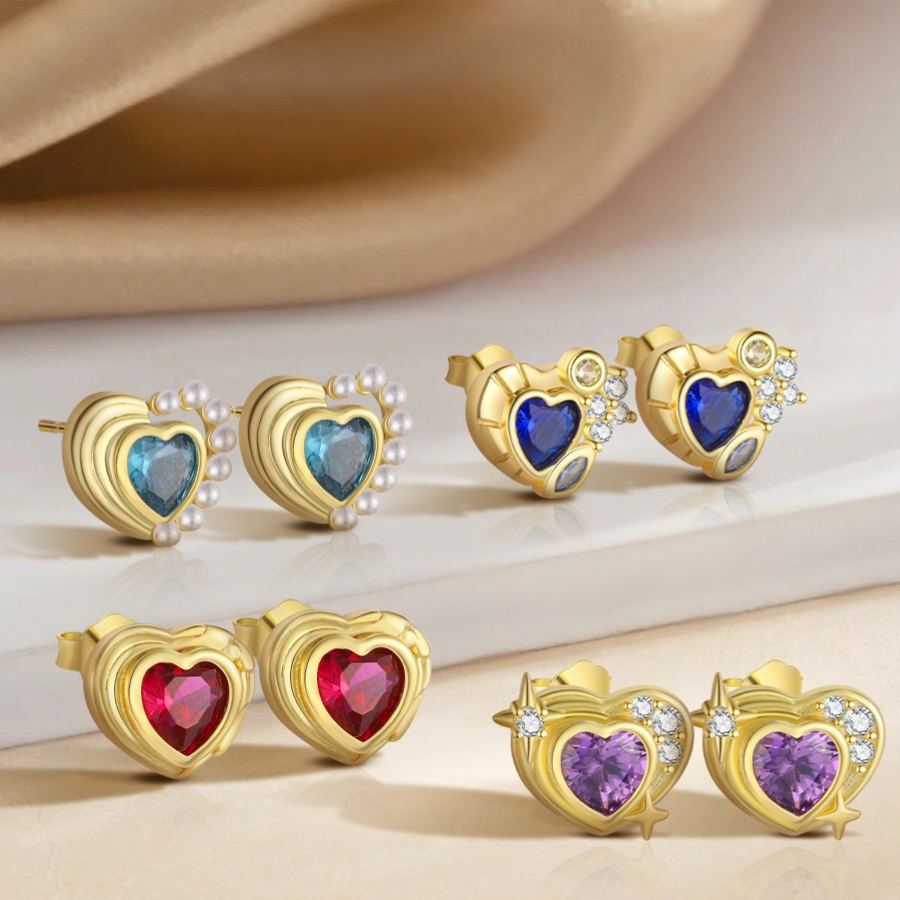 S925 Sterling Silver Heart Stud Earrings with Colorful Cubic Zirconia(Single unit)