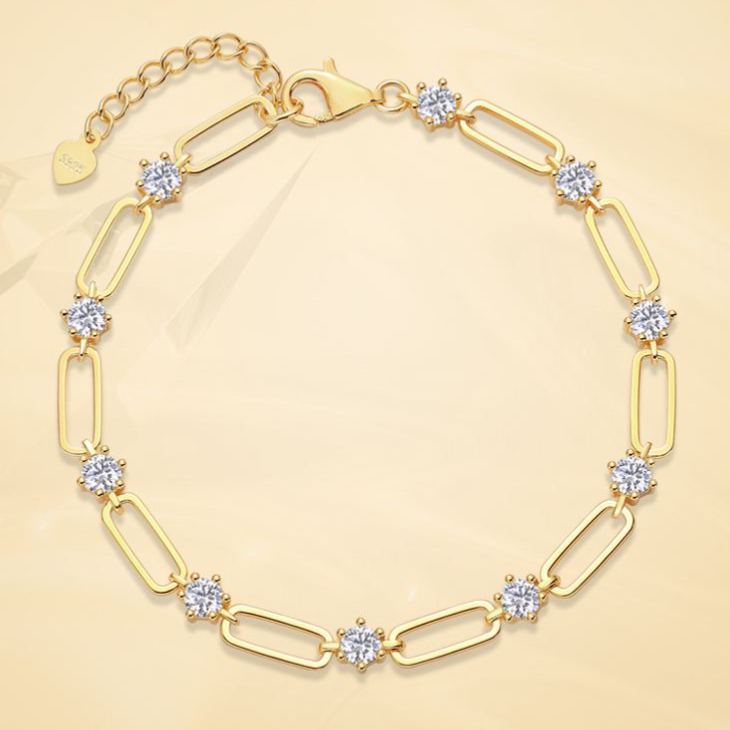 Gold-tone Paperclip-style S925 Silver Moissanite Bracelet